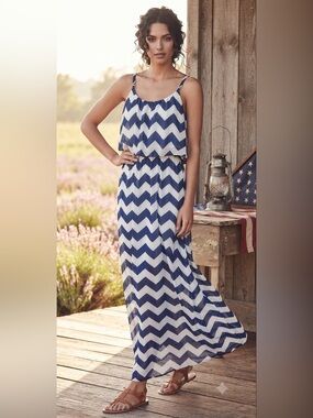 Women’s Navy Blue and White Chevron Maxi Dress with Adjustable Straps